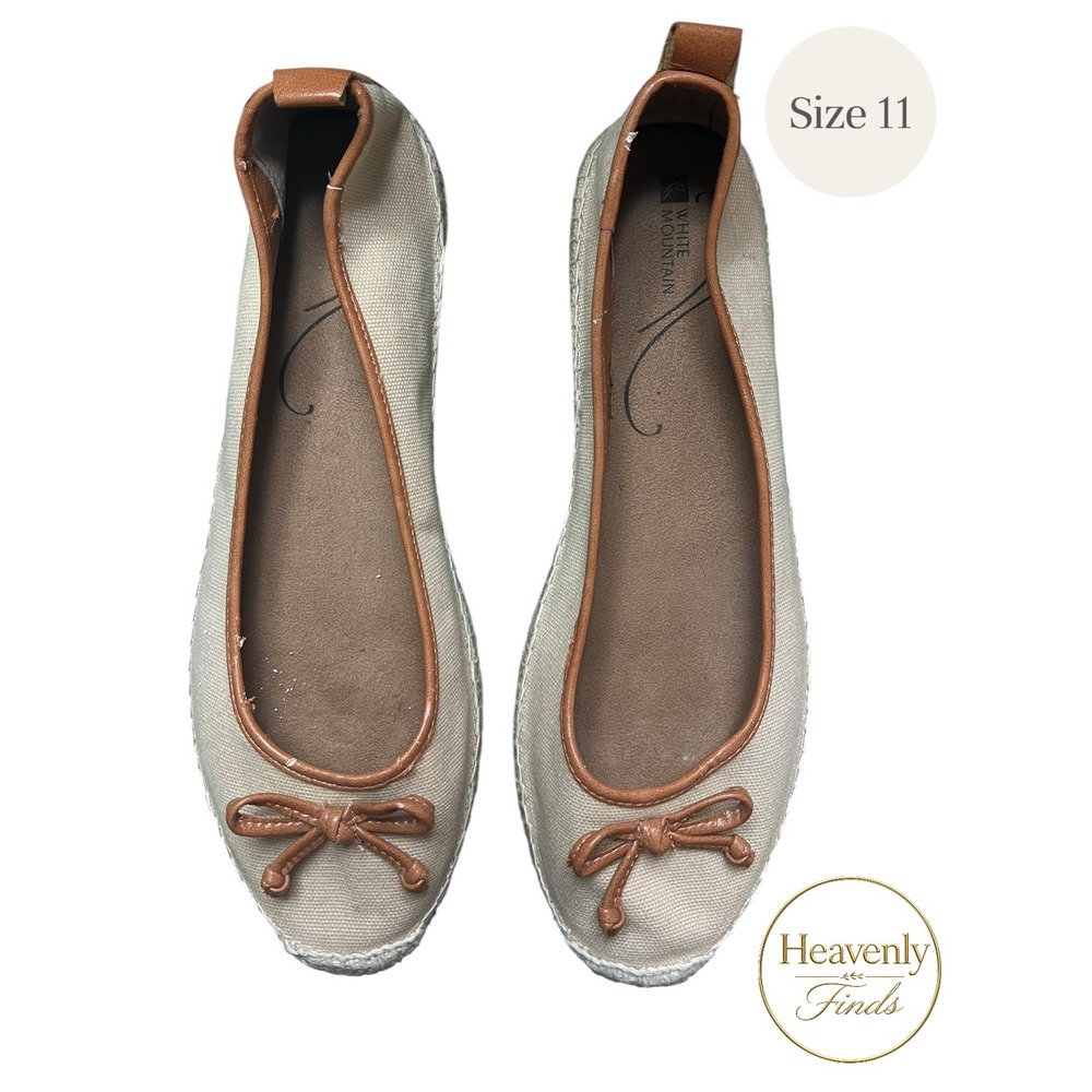 White Mountain Espadrille Flats Size 11 Beige Canvas Bow Ballet Shoes Excellent